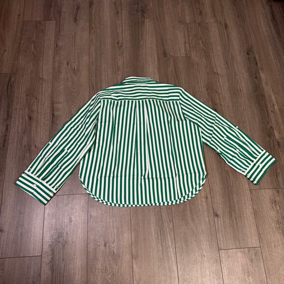 Madewell Poplin Easy Y-Neck Button-Up Shirt WMNS L Green White Sriped NU737 LS - Picture 6 of 8